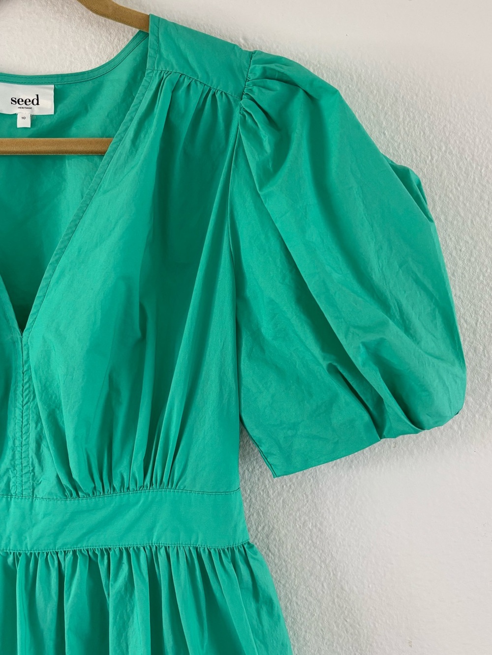 Seed Heritage Poplin Waisted Maxi Dress Jade Green Puff Sleeve V-Neck Size: US 8 - Picture 4 of 16